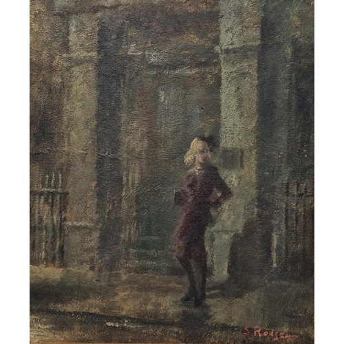 384 - S. Rous...?? (early 20th century)
 Oil on board
 Woman with clutch bag standing on pavement outside ... 