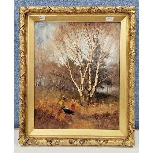 385 - George Hall-Neale (1863-1940)
 Oil on canvas
 Mother and child in wooded landscape, signed and dated... 