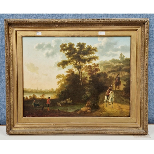 391 - 19th century English school
 Oil on canvas (relined)
 Rural scene of travellers on horseback before ... 