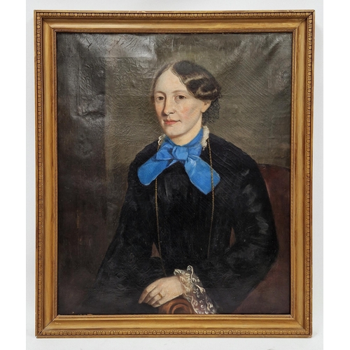 398 - 19th century school
 Oil on canvas
 Half-length portrait of young woman wearing blue necktie, unsign... 