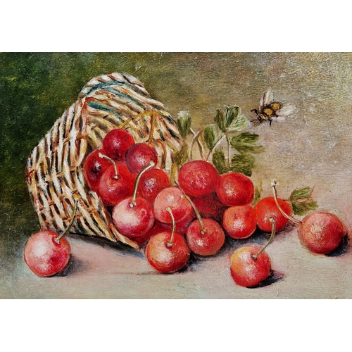 399 - Unattributed
 Oil on board
 Still life, cherries and a basket, 13cm x 19cm