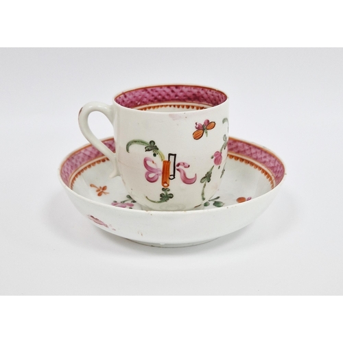 49 - Lowestoft porcelain famille rose 'Top Hat' pattern coffee cup and saucer, circa 1765-75, painted wit... 