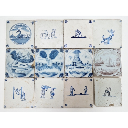 52 - Group of 18th century Dutch Delft tiles, comprising: an example painted with a swan within circular ... 