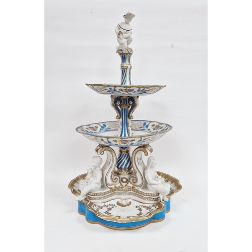 57 - Late 19th century French porcelain centrepiece, three-tiered with white bisque figural finial, with ... 