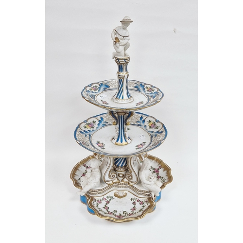 57 - Late 19th century French porcelain centrepiece, three-tiered with white bisque figural finial, with ... 