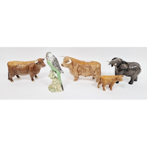 62 - Two Beswick pottery models of Highland cattle, a calf, an elephant and a model of a green budgie per... 