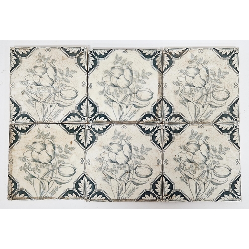 64 - Six Mintons pottery transfer printed tiles, late 19th century, moulded marks, each printed in the Du... 