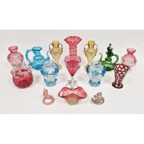 77 - Collection of cranberry and coloured glassware, including: Victorian posy vases, various items of Mi... 