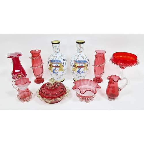 82 - Collection of Victorian and later cranberry tinted glassware, including spill and posy vases, with t... 