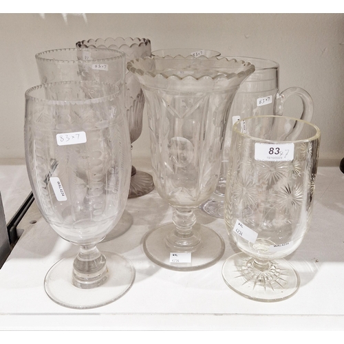 83 - Collection of 19th century cut and engraved glass celery vases, flower vases and a 20th century wate... 