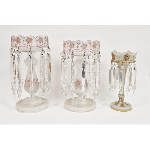 85 - Two Edwardian frosted glass lustres with clear drops, enamelled with flowers and an opaque glass lus... 