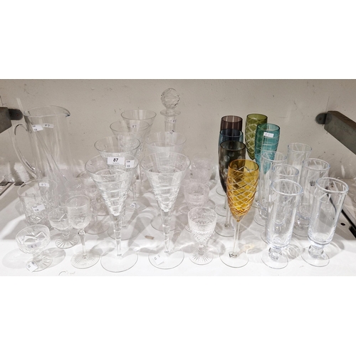 87 - Collection of cut and coloured table glass, including: six Polspotten cut harlequin flutes, six Emma... 