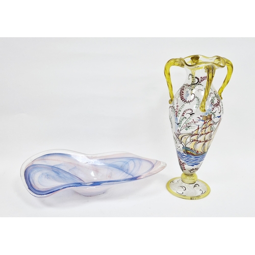 88 - Pierre Cadena glass oviform vase, enamelled with a sailing ship and flowers, with four yellow tinted... 