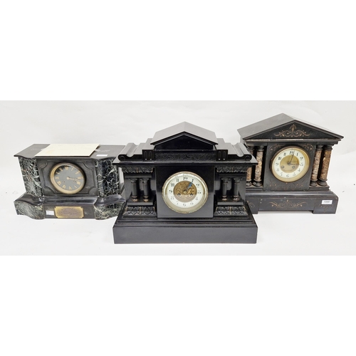 1000 - Two Victorian slate and marble mantel clocks of architectural form, both with gilt faces with white ... 