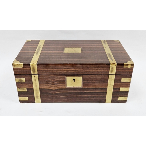 1004 - 19th century coromandel and brass bound writing slope, the hinged lid with a brass presentation plaq... 