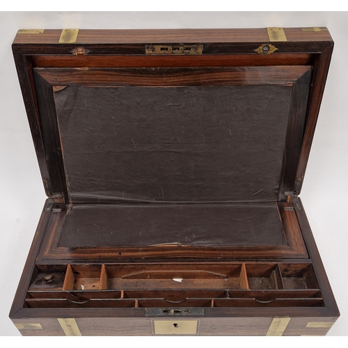 1004 - 19th century coromandel and brass bound writing slope, the hinged lid with a brass presentation plaq... 