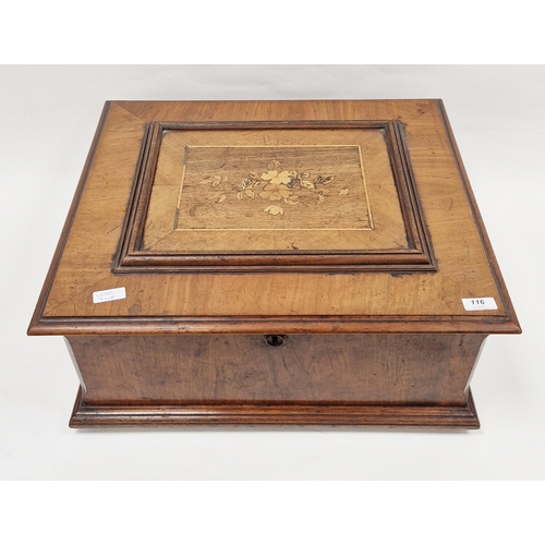 116 - 19th century German symphonium in figured walnut case, the hinged with floral inlaid panel, the inte... 