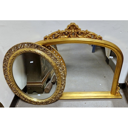 1340 - Gilt framed domed top overmantel mirror in the 19th century style, with shell and foliate scroll cre... 