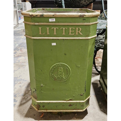 1349 - Cast iron square litter bin, probably early 20th century, having a green and gold coloured finish an... 