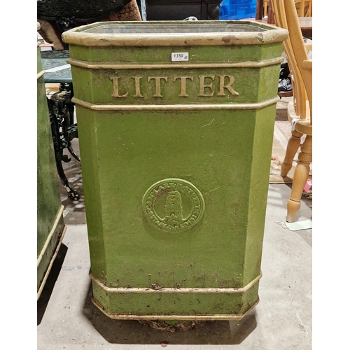 1350 - Cast iron square litter bin, probably early 20th century, having a green and gold coloured finish an... 