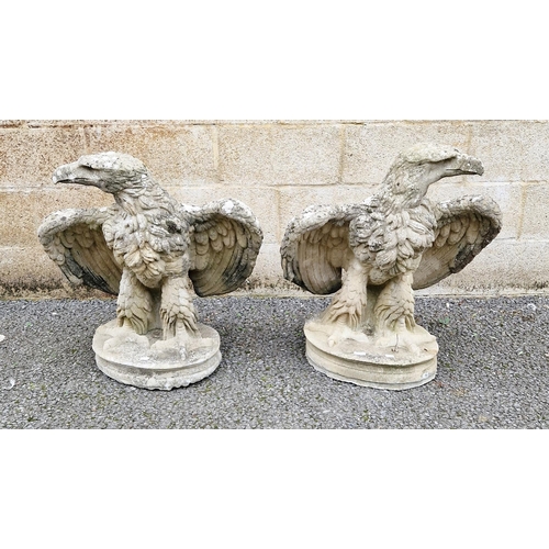 1353 - Pair of composite stone garden statues in the form of opposing eagles, wings displayed, on oval base... 