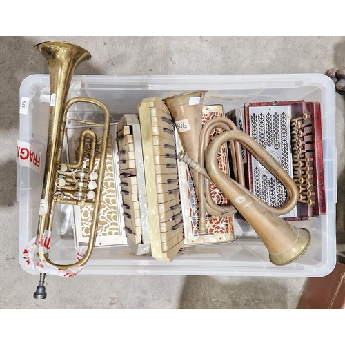 179 - Collection of musical instruments including a cased Cor.Ton gilt brass trumpet, a wooden cased violi... 