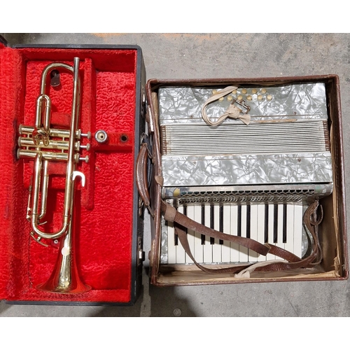 179 - Collection of musical instruments including a cased Cor.Ton gilt brass trumpet, a wooden cased violi... 