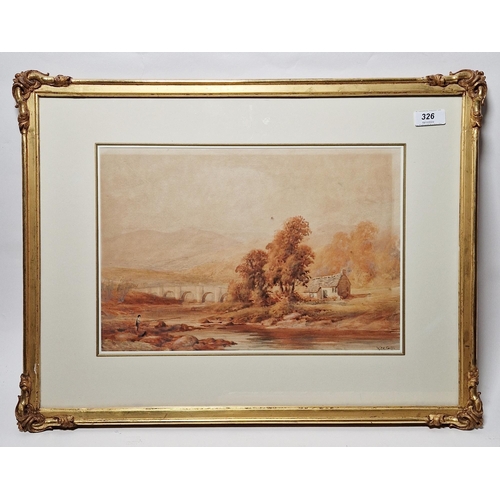 326 - W. P. H. Foster (19th/20th century)
 Watercolour
 Rural river scene, Llaneltyd Bridge,  with fisherm... 