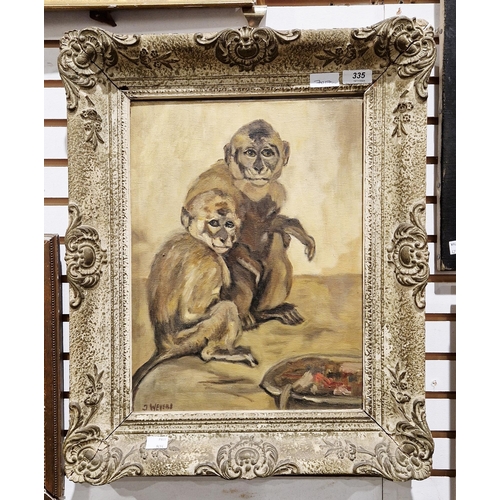 335 - J Weyers (20th century)
 Oil on canvas
 Two monkeys crouching before a bowl of food, signed lower le... 