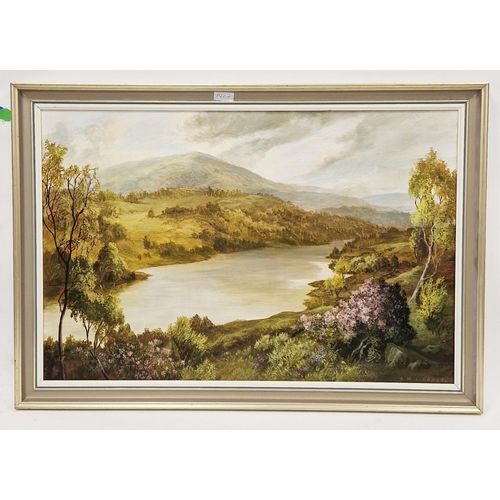 336 - S. A. Webber (20th century)
 Oil on board
 Highland lake scene, signed lower right, image size 49cm ... 