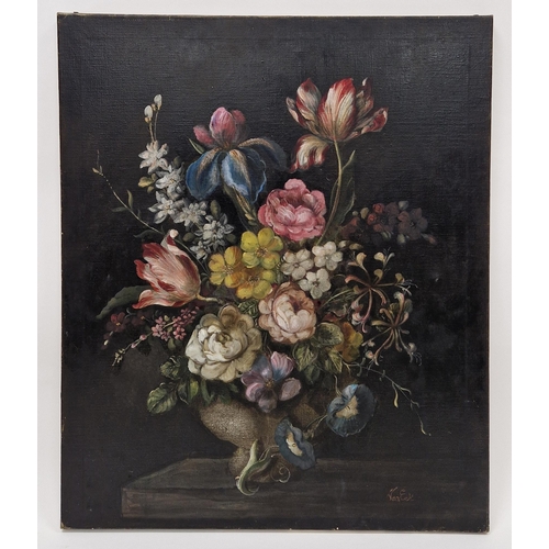 337 - Van Eck (late 19th/early 20th century)
 Oil on canvas
 Still life of flowers in a vase, signed lower... 