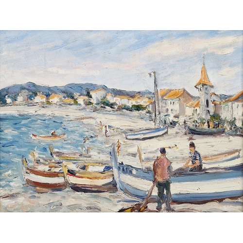 338 - 20th century school
 Oil on board
 'Le Port du......??', coastal scene with figures, boats and coast... 