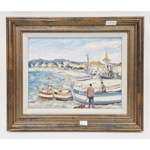 338 - 20th century school
 Oil on board
 'Le Port du......??', coastal scene with figures, boats and coast... 