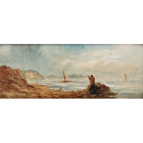 340 - 19th century school
 Oil on board
 Coastal scene with figure on rocks looking at fishing boat throug... 