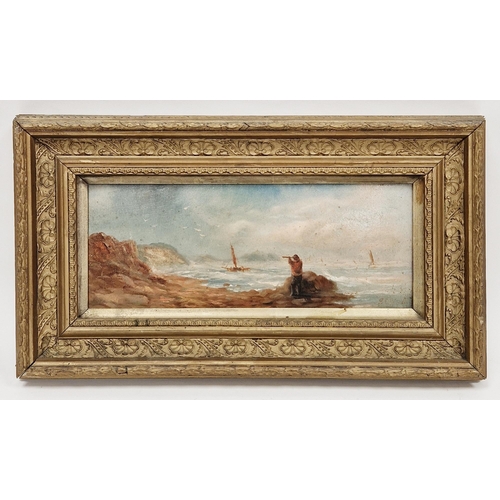 340 - 19th century school
 Oil on board
 Coastal scene with figure on rocks looking at fishing boat throug... 