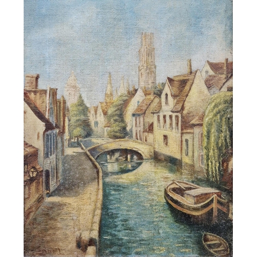 342 - Early 20th century school
 Oil on canvas
 Brugge canal scene, signed, possibly Sewell, lower left
 2... 