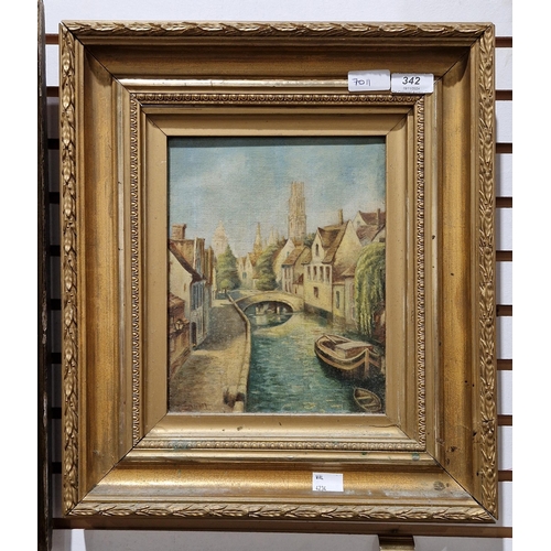 342 - Early 20th century school
 Oil on canvas
 Brugge canal scene, signed, possibly Sewell, lower left
 2... 