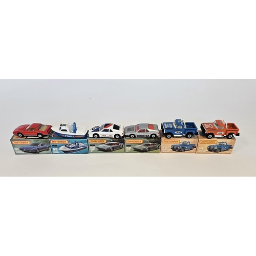 365 - Six boxed Matchbox Superfast 75 series diecast model cars to include No.51 Pontiac Firebird SE, No.5... 