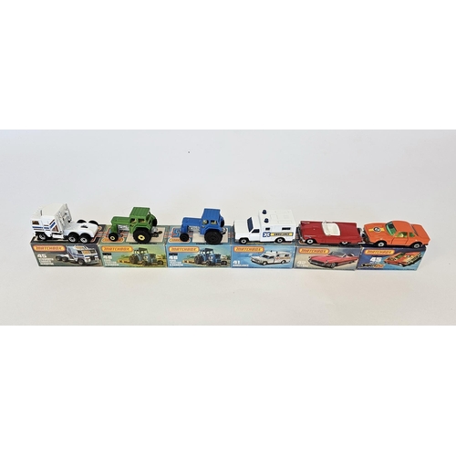 369 - Six boxed Matchbox Superfast 75 series diecast model cars to include No.41 Ambulance, No.42 '57 T-Bi... 