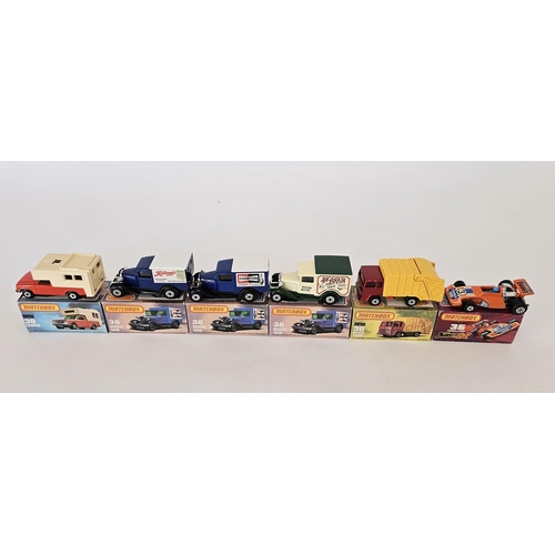 381 - Six boxed Matchbox Superfast 75 series diecast model cars to include No.36 Refuse Truck, No. 36 Form... 