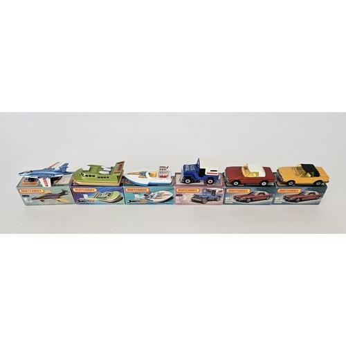 385 - Six boxed Matchbox Superfast 75 series diecast model cars to include No.2 S-2 Jet, No.2 Rescue Hover... 