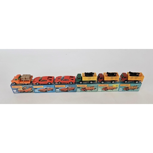 386 - Six boxed Matchbox Superfast 75 series diecast model cars to include No.66 Ford Transit, 2 X No.70 F... 