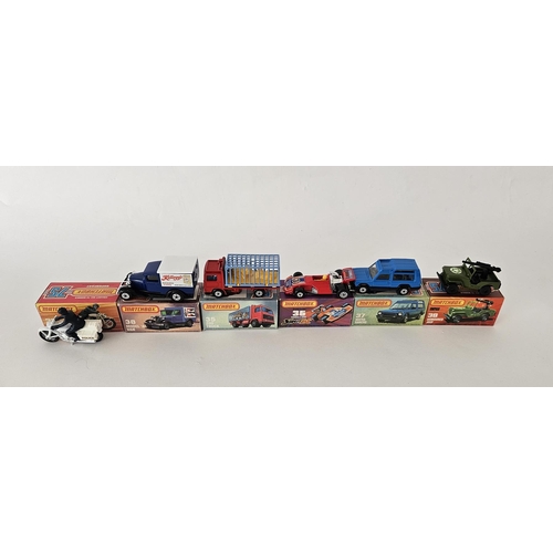 389 - Six boxed Matchbox Superfast 75 series diecast model cars to include No. 33 Police Motor Cyclist, No... 