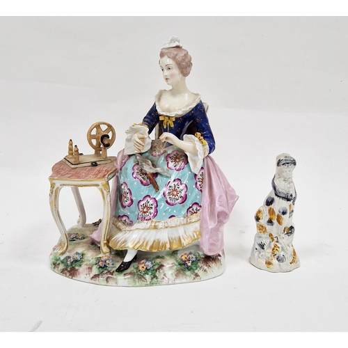 39 - Early Prattware figure of lady holding a sheep, possibly a candle snuffer, 10cm high and continental... 