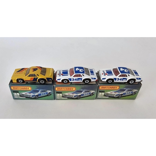 390 - Three boxed Matchbox Superfast 75 series diecast model cars No.34 Chevy Pro Stocker to include yello... 