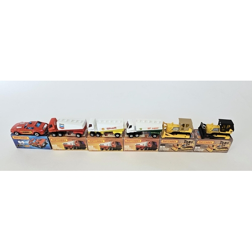 396 - Six boxed Matchbox Superfast 75 series diecast model cars to include 3 X No.63 Freeway Gas Tanker (o... 