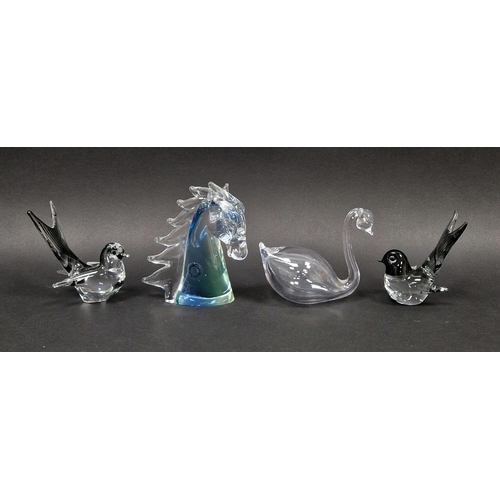 74 - V Nason Murano glass horse head, two Murano grey glass birds and glass swan, the birds and horse hea... 