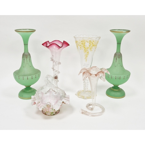 76 - Pair of late 19th century frosted opaque green glass vases, of waisted baluster form, enamelled with... 