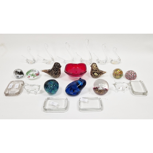 78 - Collection of coloured glassware and paperweights, including: a small Whitefriars ruby coloured bowl... 