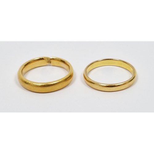 315 - Two 22ct gold wedding bands, hallmarked (one clipped), 11.3 grams gross